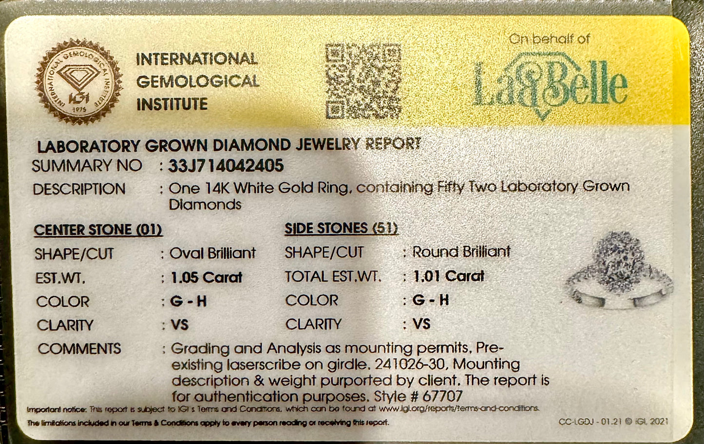 14KW IGI Certified VS/ G-H 2.06ctw OVAL Cut Halo Lab Diamond Ring