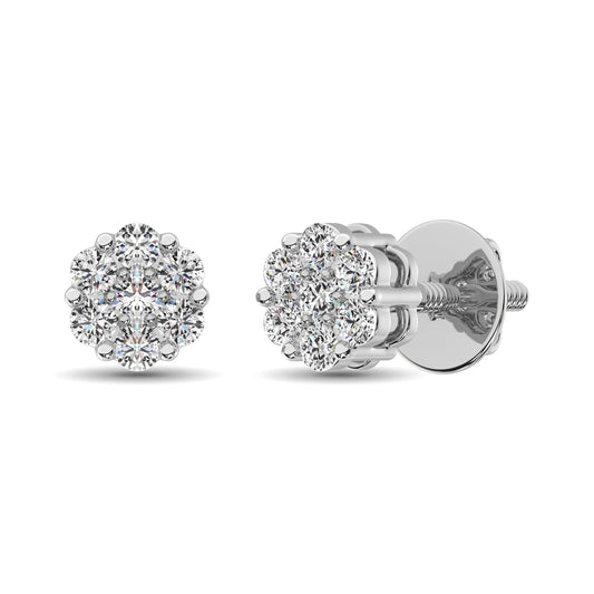 14K White Gold 7/8 Ct.Tw. Diamond Flower Studs Earrings