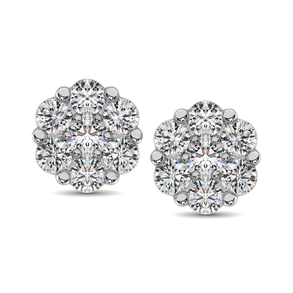 14K White Gold 3/4 Ct.Tw. Diamond Flower Studs Earrings