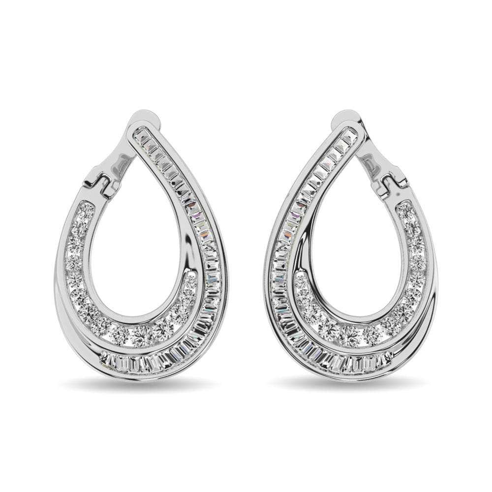 Diamond 1 Ct.Tw. Round and Baguette Hoop Earrings in 14K White Gold