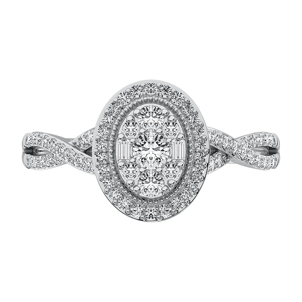 14K White Gold 1/2 Ct.Tw. Diamond Round and Baguette Oval Shape Engagement Ring