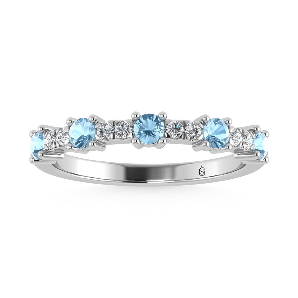 14K White Gold Diamond 3/8 Ct. Tw. Alternate Diamond and Aquamarine Stackable Band