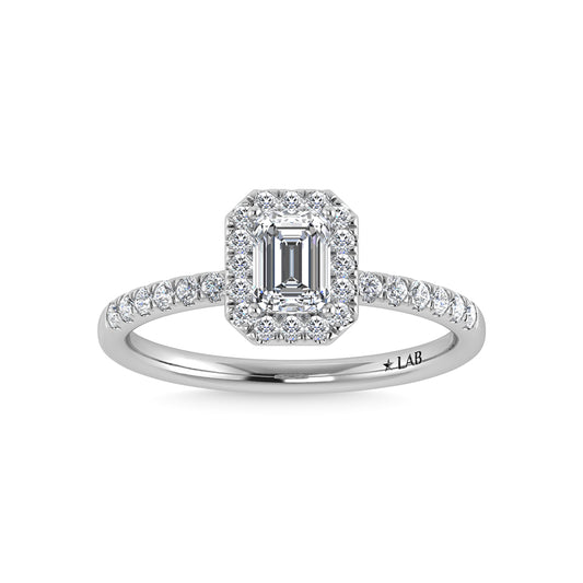 14K White Gold Lab Grown Diamond  1 3/4 Ct.Tw. IGI Certified Emerald Shape Halo Engagement Ring