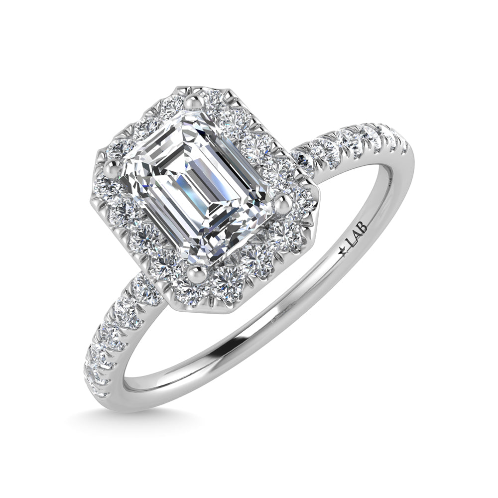 14K White Gold Lab Grown Diamond  1 3/4 Ct.Tw. IGI Certified Emerald Shape Halo Engagement Ring