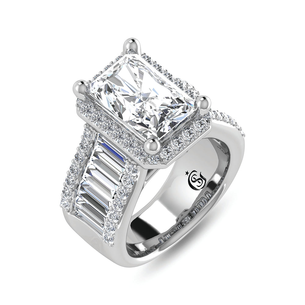 14K White Gold Lab Grown Diamond 8 Ct.Tw. Straight Baguette Shank Engagement Ring (Center Radiant)
