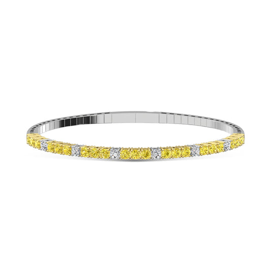 14K White Gold 2 Ct.Tw. Labgrown Alternate 3 Yellow and 1 White Diamond Flexi Bangle