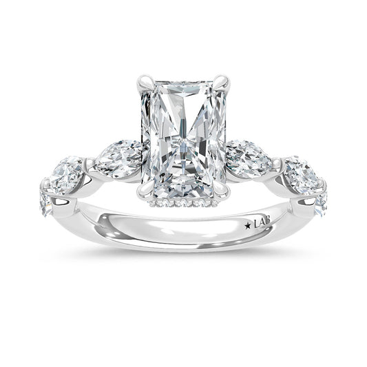 14K White Gold Lab Grown Diamond 3 7/8 Ct.Tw. Marquise and Round Engagement Ring (Center 3ct Radiant)