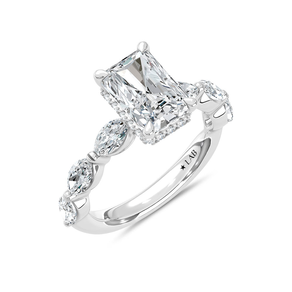 14K White Gold Lab Grown Diamond 3 7/8 Ct.Tw. Marquise and Round Engagement Ring (Center 3ct Radiant)