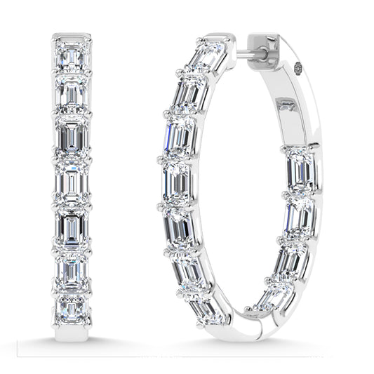 14K White Gold 3 1/2 Ct.Tw. Labgrown Diamond Vertical Emerald Shape In and Our Hoop Earrings