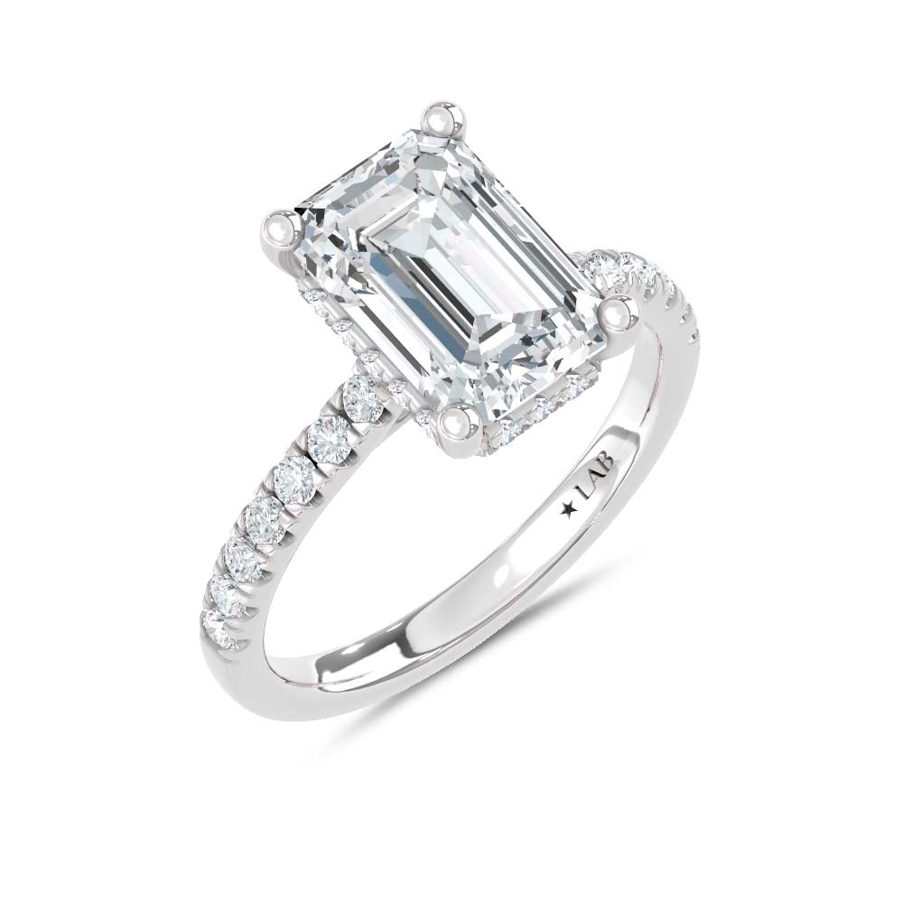 14K White Gold Lab Grown Diamond  3 3/8 Ct.Tw. Emerald Hidden Halo Engagement Ring