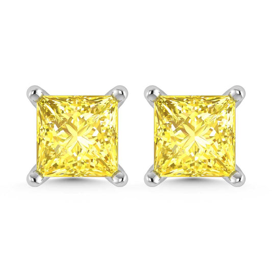 14K White Gold Lab Grown Yellow Diamond 1 1/2 Ct.Tw. Princess Stud Earrings